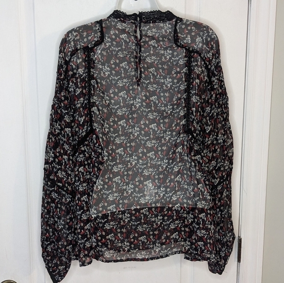 Zara Floral Print Peasant Blouse Balloon Sleeves black Large @A7 - Picture 5 of 9